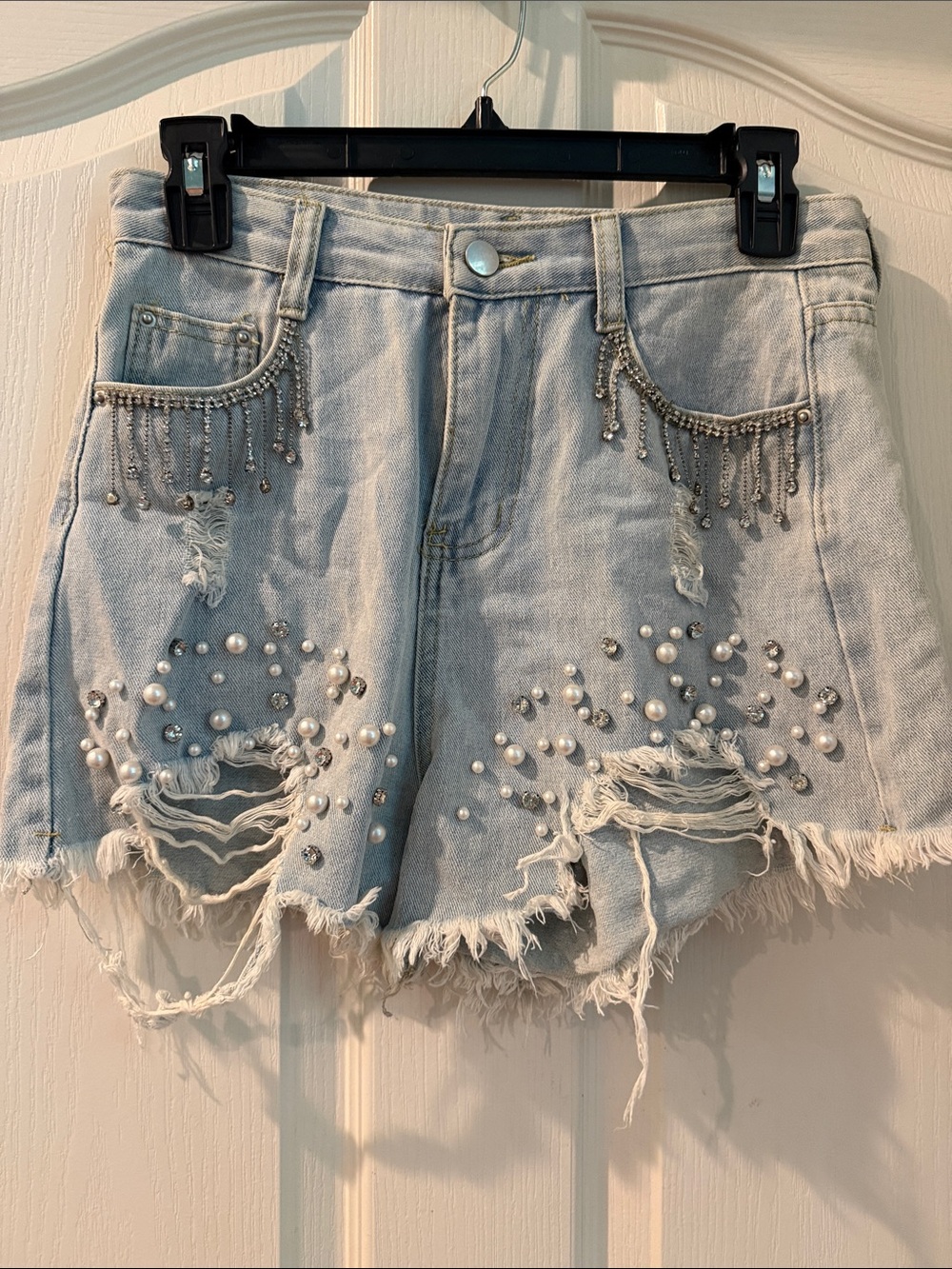 Pearl & Rhinestone Embellished Light Blue Denim Shorts